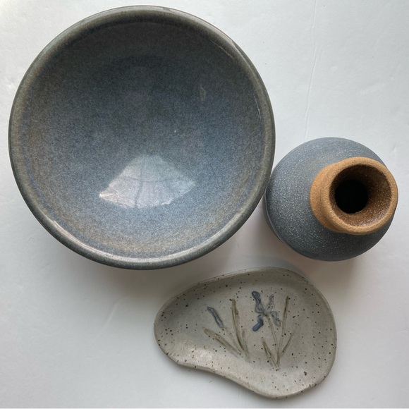 Art pottery three piece blue and tan set. - Picture 1 of 13